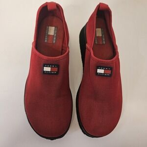 Tommy Hilfiger Red Mesh Chunky Heel Platform Y2k Slip On Stretchy Knit Upper Sz8